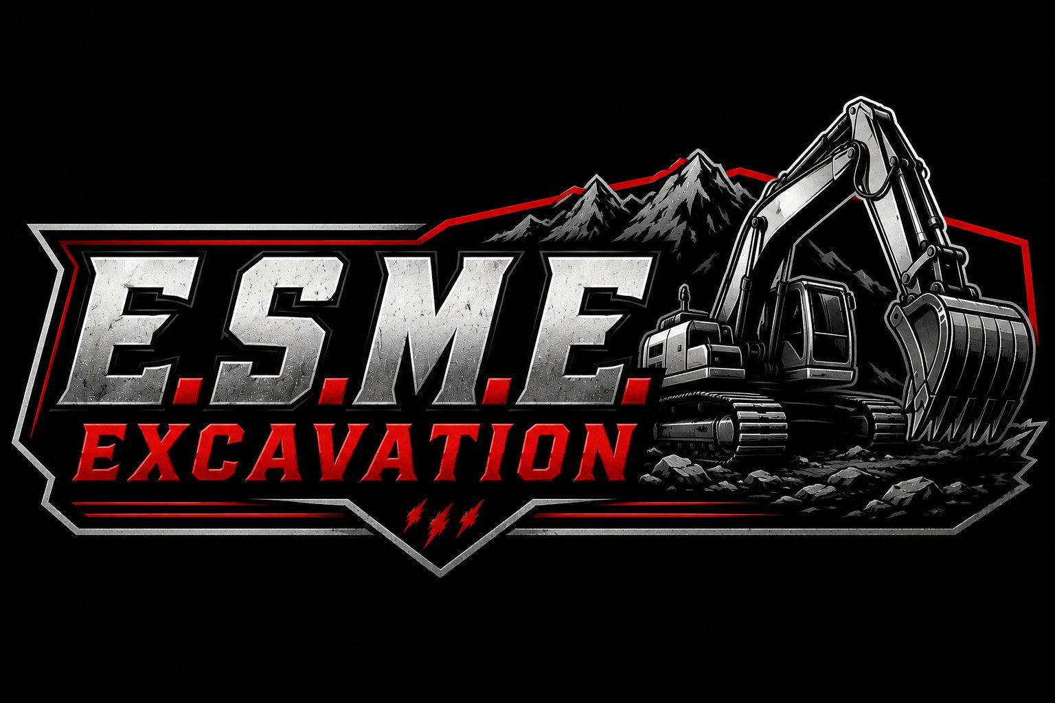 E.S.M.E. Excavation logo featuring silver metallic lettering with red accents and an industrial excavator illustration on black background